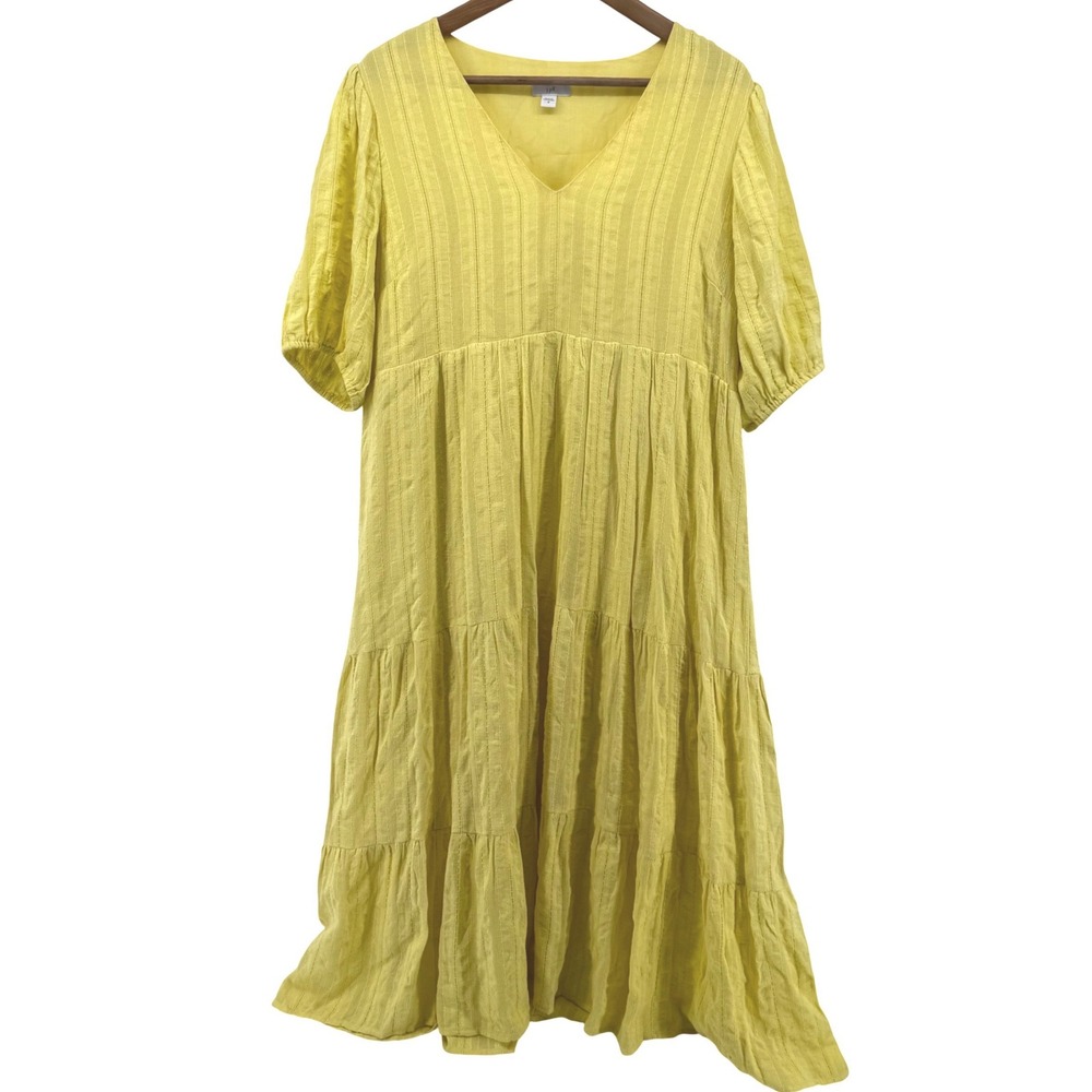 J. Jill Yellow Textured Stripe Tiered Midi Dress V-Neck Puff Sleeve‎ Womens M